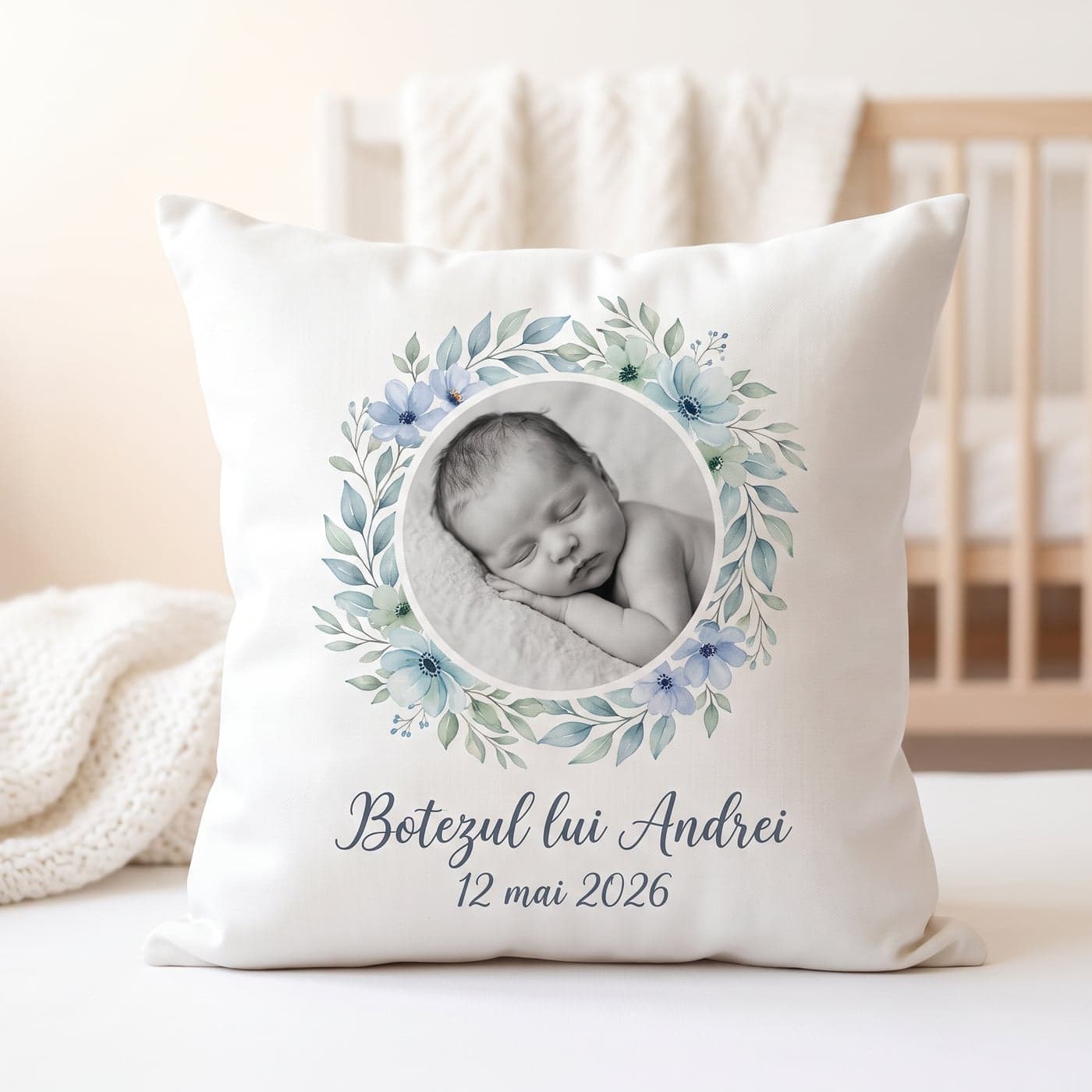 Pernă personalizată cu poză, cadou de botez